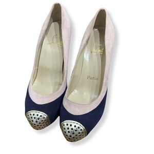 Christian Louboutin Navy and Blush Suede Pumps with Gold Cap-Toe